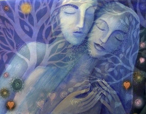 lovers embrace art with trees planets and stars print, Order of Bards, Ovates & Druids.