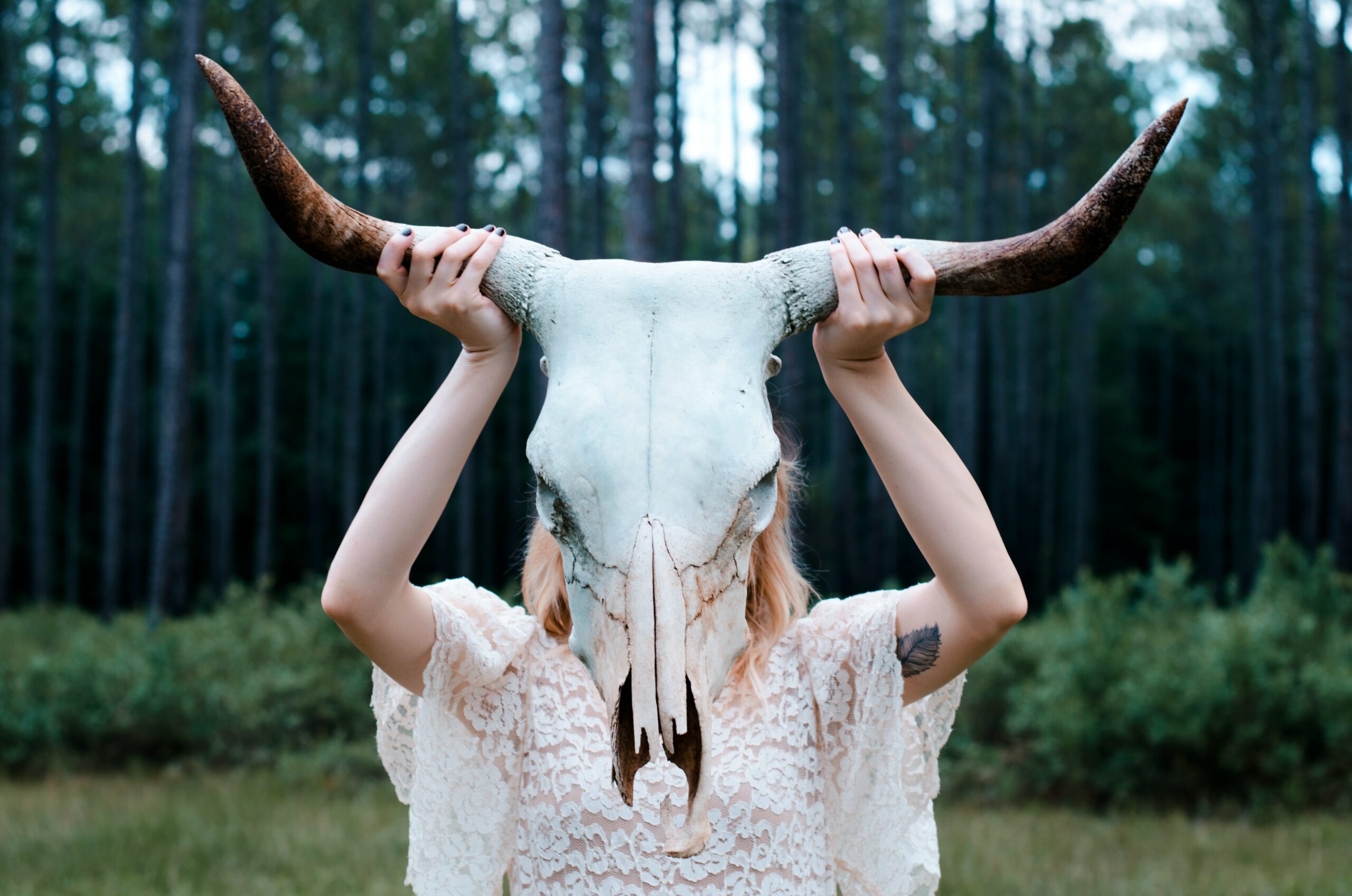 mallory johndrow KAsjiTRuihk unsplash scaled | Order of Bards, Ovates & Druids A woman holding up a skull with horns.